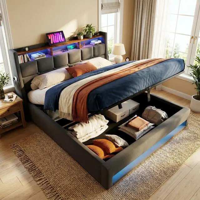 Alt view image 4 of 7 - Queen Size Upholstered Platform Bed With A Hydraulic Storage System, Led And Charging Station, No Box Spring Needed, Easy Assembly, Noise-Free, Grey (Without Mattress)