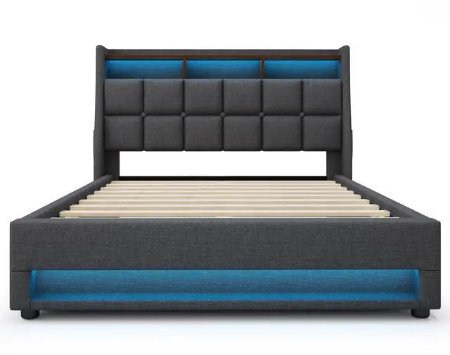 Main image of Queen Size Upholstered Platform Bed With A Hydraulic Storage System, Led And Charging Station, No Box Spring Needed, Easy Assembly, Noise-Free, Grey (Without Mattress)