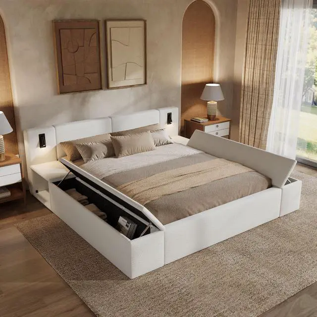 Alt view image 2 of 7 - King Size Teddy Fleece Upholstered Platform Bed Frame With Massive Hidden Storage, Modern Bouclé Fabric Bed With Built-In Nightstands & Led Reading Lights, Wood Slats, No Box Spring Needed, White