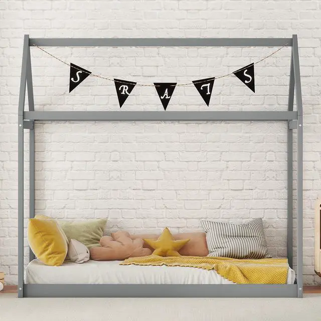 Alt view image 2 of 7 - Twin Size Wooden House Bed, Gray