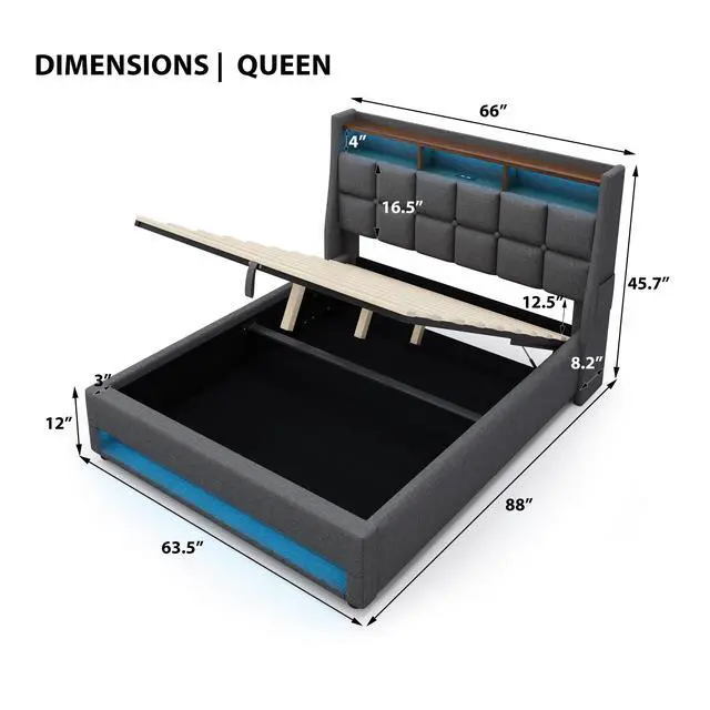 Alt view image 3 of 7 - Queen Size Upholstered Platform Bed With A Hydraulic Storage System, Led And Charging Station, No Box Spring Needed, Easy Assembly, Noise-Free, Grey (Without Mattress)