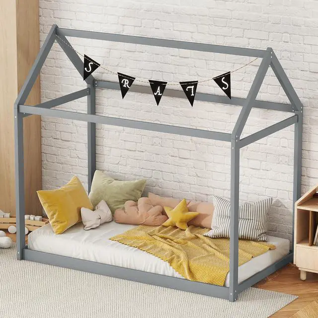 Alt view image 5 of 7 - Twin Size Wooden House Bed, Gray