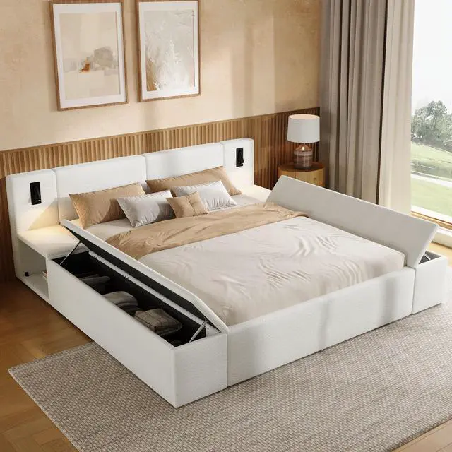 Alt view image 2 of 7 - Queen Size Teddy Fleece Upholstered Platform Bed Frame With Massive Hidden Storage, Modern Bouclé Fabric Bed With Built-In Nightstands & Led Reading Lights, Wood Slats, No Box Spring Needed, White