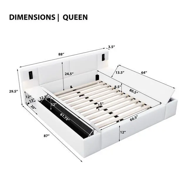 Alt view image 3 of 7 - Queen Size Teddy Fleece Upholstered Platform Bed Frame With Massive Hidden Storage, Modern Bouclé Fabric Bed With Built-In Nightstands & Led Reading Lights, Wood Slats, No Box Spring Needed, White