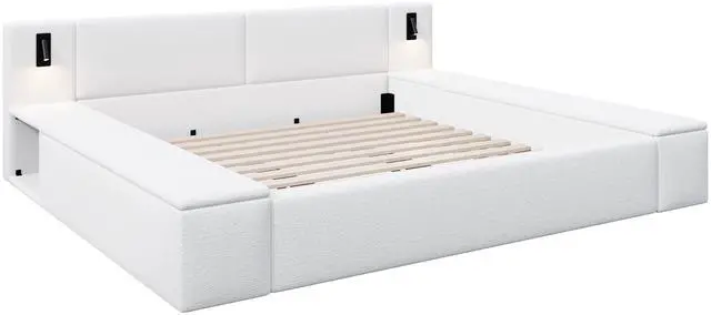 Main image of King Size Teddy Fleece Upholstered Platform Bed Frame With Massive Hidden Storage, Modern Bouclé Fabric Bed With Built-In Nightstands & Led Reading Lights, Wood Slats, No Box Spring Needed, White