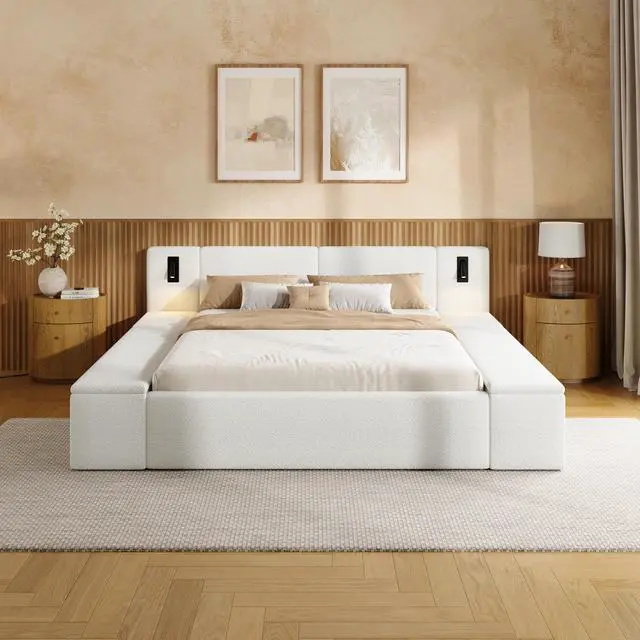 Alt view image 5 of 7 - Queen Size Teddy Fleece Upholstered Platform Bed Frame With Massive Hidden Storage, Modern Bouclé Fabric Bed With Built-In Nightstands & Led Reading Lights, Wood Slats, No Box Spring Needed, White