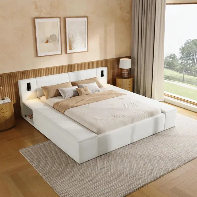 Alt view image 6 of 7 - Queen Size Teddy Fleece Upholstered Platform Bed Frame With Massive Hidden Storage, Modern Bouclé Fabric Bed With Built-In Nightstands & Led Reading Lights, Wood Slats, No Box Spring Needed, White