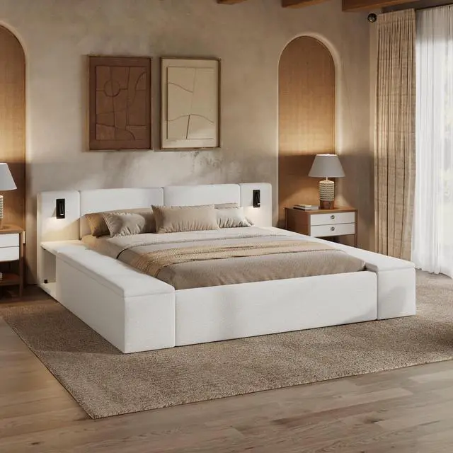 Alt view image 4 of 7 - King Size Teddy Fleece Upholstered Platform Bed Frame With Massive Hidden Storage, Modern Bouclé Fabric Bed With Built-In Nightstands & Led Reading Lights, Wood Slats, No Box Spring Needed, White