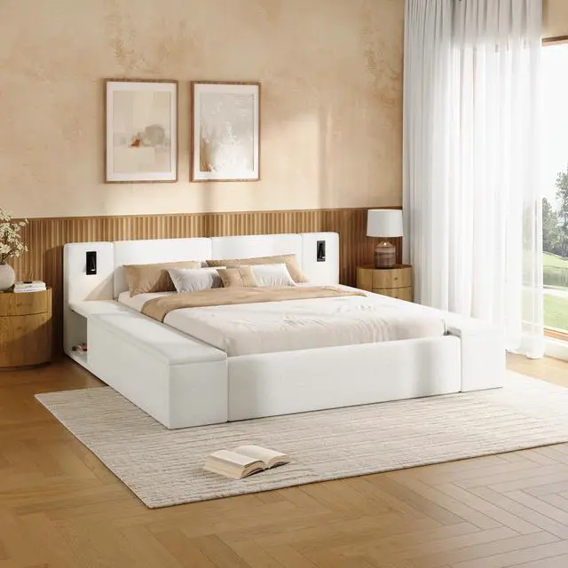 Alt view image 7 of 7 - King Size Teddy Fleece Upholstered Platform Bed Frame With Massive Hidden Storage, Modern Bouclé Fabric Bed With Built-In Nightstands & Led Reading Lights, Wood Slats, No Box Spring Needed, White