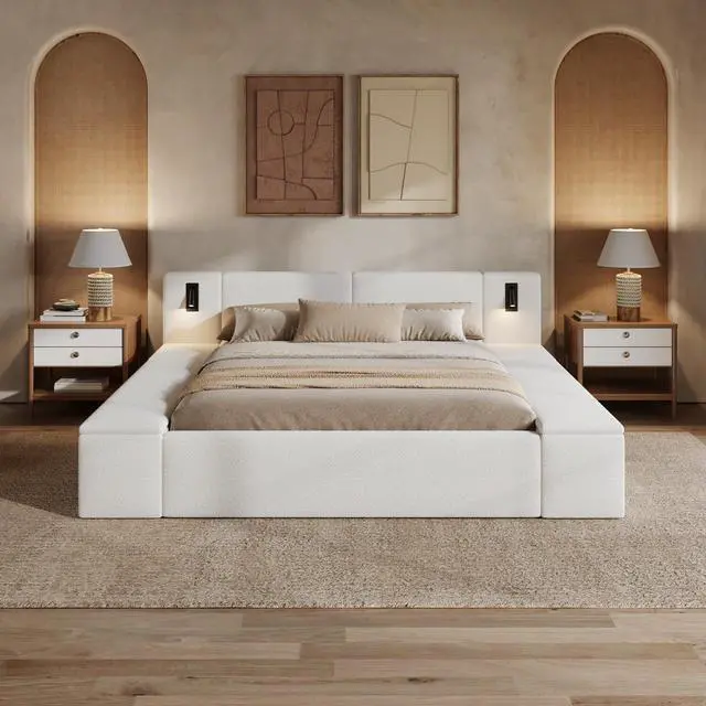 Alt view image 5 of 7 - King Size Teddy Fleece Upholstered Platform Bed Frame With Massive Hidden Storage, Modern Bouclé Fabric Bed With Built-In Nightstands & Led Reading Lights, Wood Slats, No Box Spring Needed, White