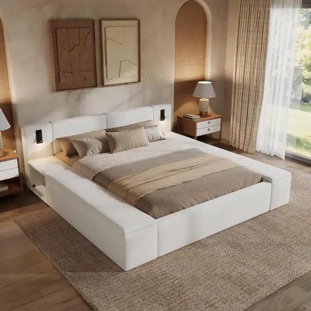 Alt view image 6 of 7 - King Size Teddy Fleece Upholstered Platform Bed Frame With Massive Hidden Storage, Modern Bouclé Fabric Bed With Built-In Nightstands & Led Reading Lights, Wood Slats, No Box Spring Needed, White