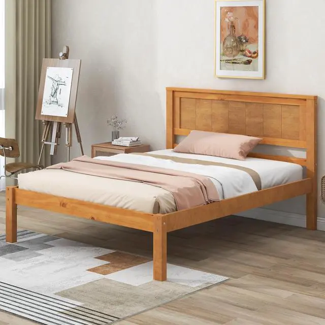 Alt view image 2 of 7 - Platform Bed Frame With Headboard , Wood Slat Support , No Box Spring Needed ,Twin,Oak