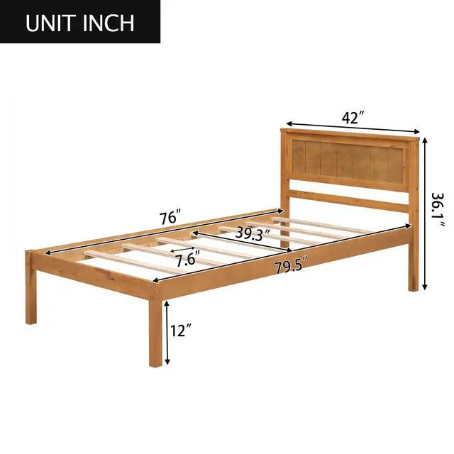 Alt view image 3 of 7 - Platform Bed Frame With Headboard , Wood Slat Support , No Box Spring Needed ,Twin,Oak