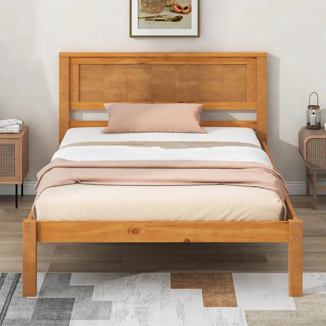 Alt view image 4 of 7 - Platform Bed Frame With Headboard , Wood Slat Support , No Box Spring Needed ,Twin,Oak