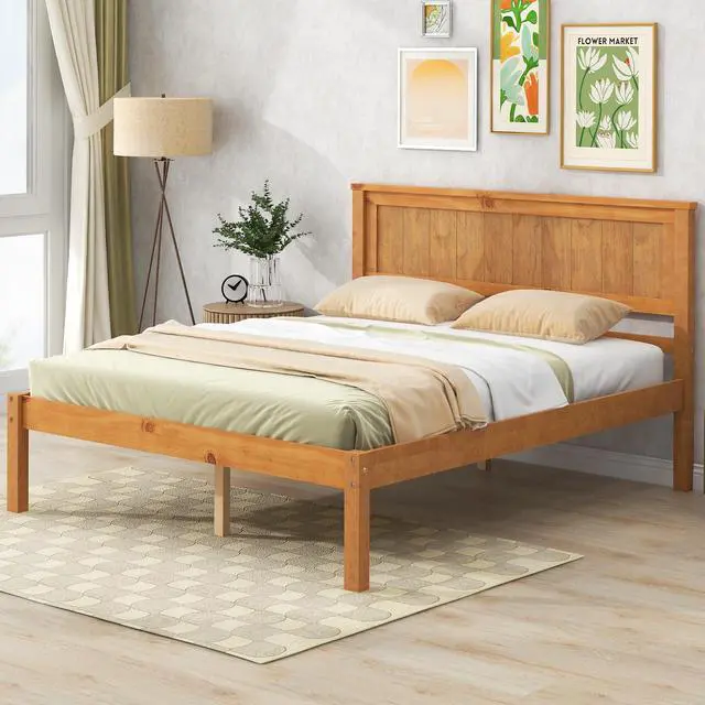 Alt view image 2 of 7 - Platform Bed Frame With Headboard, Wood Slat Support, No Box Spring Needed, Full, Oak