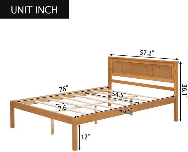 Alt view image 3 of 7 - Platform Bed Frame With Headboard, Wood Slat Support, No Box Spring Needed, Full, Oak