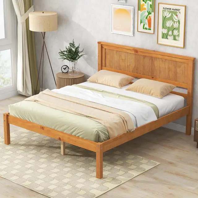 Alt view image 5 of 7 - Platform Bed Frame With Headboard, Wood Slat Support, No Box Spring Needed, Full, Oak