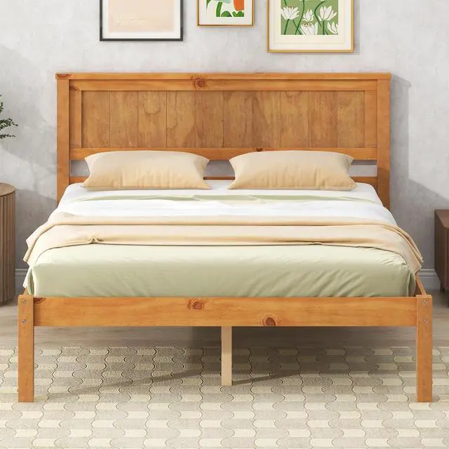Alt view image 4 of 7 - Platform Bed Frame With Headboard, Wood Slat Support, No Box Spring Needed, Full, Oak