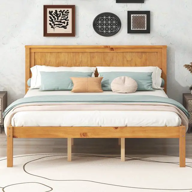 Alt view image 2 of 7 - Platform Bed Frame With Headboard, Wood Slat Support, No Box Spring Needed, Queen, Oak