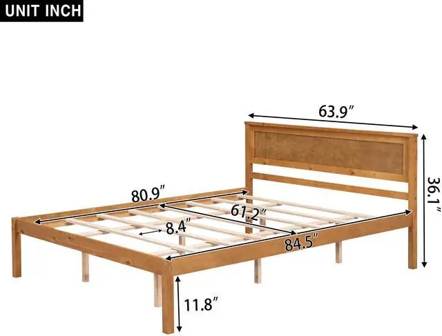Alt view image 3 of 7 - Platform Bed Frame With Headboard, Wood Slat Support, No Box Spring Needed, Queen, Oak