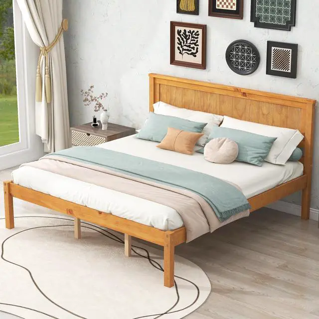 Alt view image 5 of 7 - Platform Bed Frame With Headboard, Wood Slat Support, No Box Spring Needed, Queen, Oak