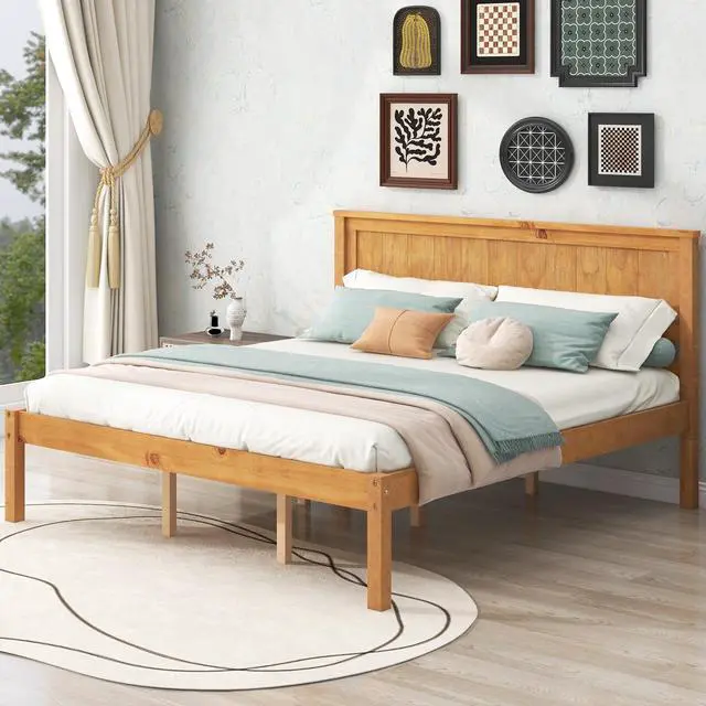 Alt view image 4 of 7 - Platform Bed Frame With Headboard, Wood Slat Support, No Box Spring Needed, Queen, Oak