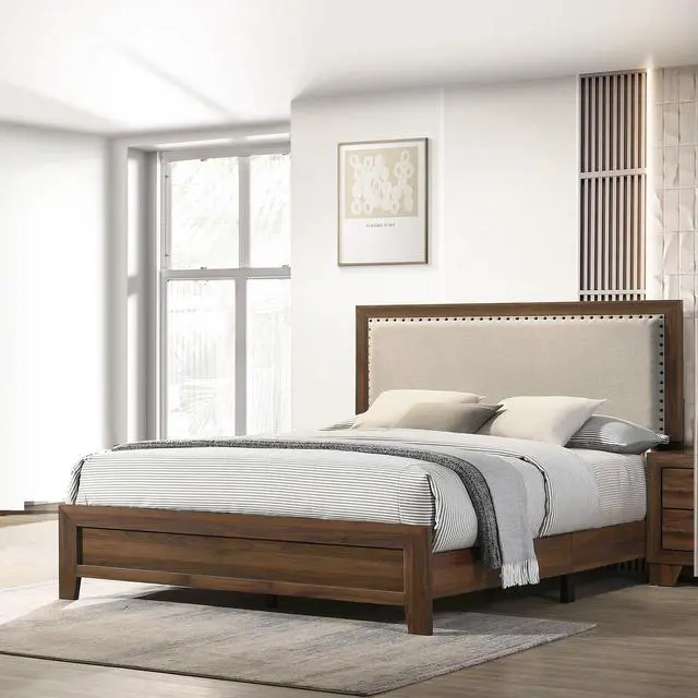 Alt view image 2 of 5 - Brown Cherry Finish Fabric Upholstered Headboard Tufted Nailhead Trim 1Pc Queen Size Panel Bed Beautiful Wooden Bedroom Furniture