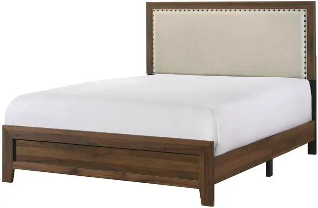 Main image of Brown Cherry Finish Fabric Upholstered Headboard Tufted Nailhead Trim 1Pc Queen Size Panel Bed Beautiful Wooden Bedroom Furniture