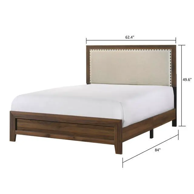 Alt view image 3 of 5 - Brown Cherry Finish Fabric Upholstered Headboard Tufted Nailhead Trim 1Pc Queen Size Panel Bed Beautiful Wooden Bedroom Furniture