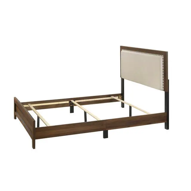 Alt view image 5 of 5 - Brown Cherry Finish Fabric Upholstered Headboard Tufted Nailhead Trim 1Pc Queen Size Panel Bed Beautiful Wooden Bedroom Furniture
