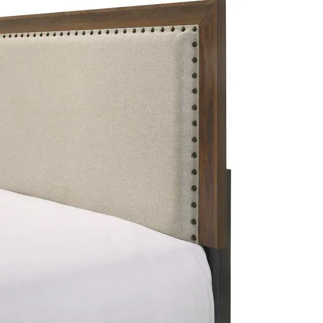 Alt view image 4 of 5 - Brown Cherry Finish Fabric Upholstered Headboard Tufted Nailhead Trim 1Pc Queen Size Panel Bed Beautiful Wooden Bedroom Furniture