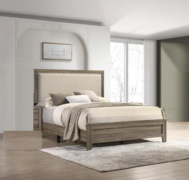 Alt view image 2 of 5 - Grey Finish Fabric Upholstered Headboard Tufted Nailhead Trim 1Pc Queen Size Panel Bed Beautiful Wooden Bedroom Furniture