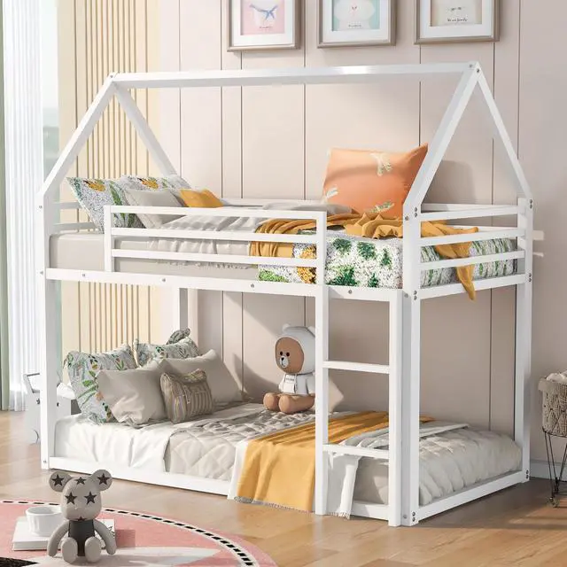 Alt view image 2 of 7 - Twin Over Twin House Bunk Bed With Built-In Ladder,White