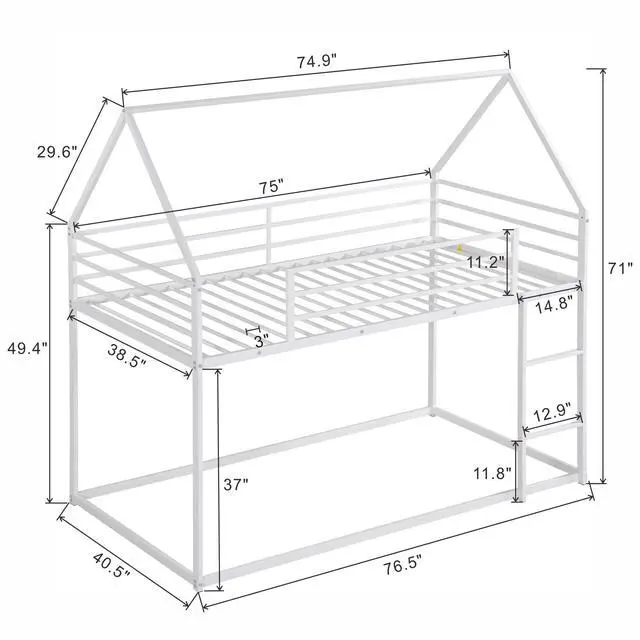 Alt view image 3 of 7 - Twin Over Twin House Bunk Bed With Built-In Ladder,White