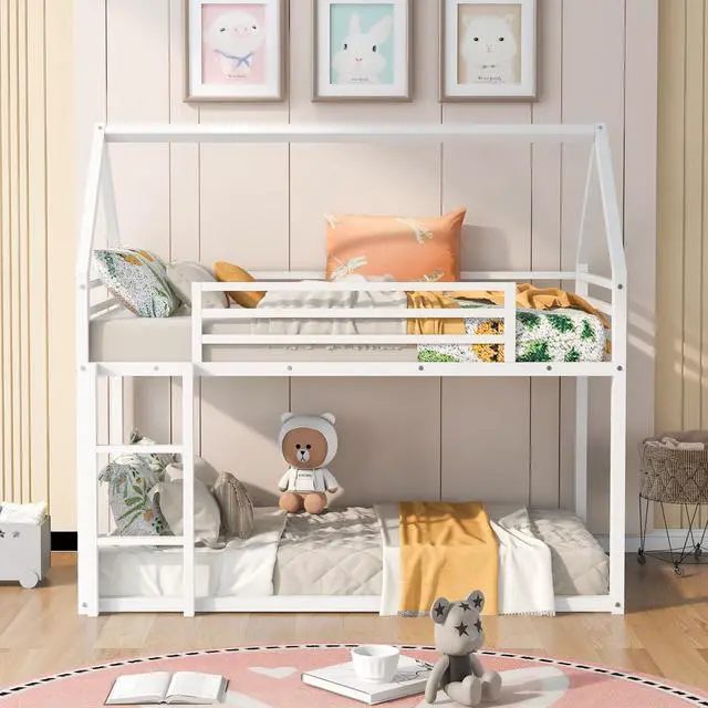 Alt view image 4 of 7 - Twin Over Twin House Bunk Bed With Built-In Ladder,White
