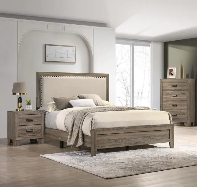 Alt view image 5 of 5 - Grey Finish Fabric Upholstered Headboard Tufted Nailhead Trim 1Pc Queen Size Panel Bed Beautiful Wooden Bedroom Furniture