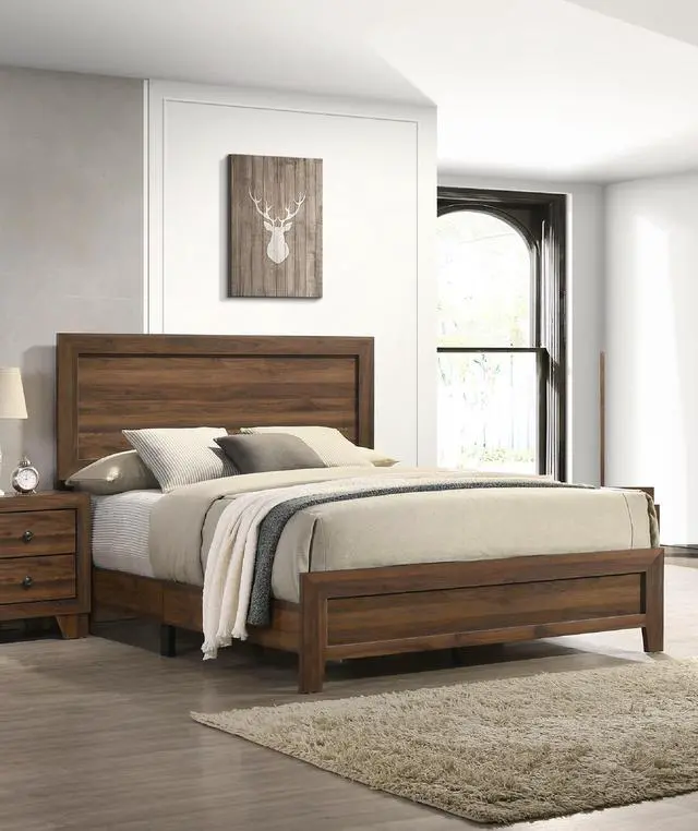 Main image of Brown Cherry Finish Fabric 1Pc Queen Size Panel Bed Beautiful Wooden Bedroom Furniture Contemporary Style