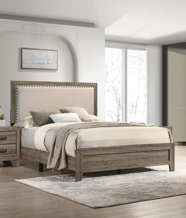 Alt view image 4 of 5 - Grey Finish Fabric Upholstered Headboard Tufted Nailhead Trim 1Pc Twin Size Youth Kids Panel Bed Beautiful Wooden Bedroom Furniture