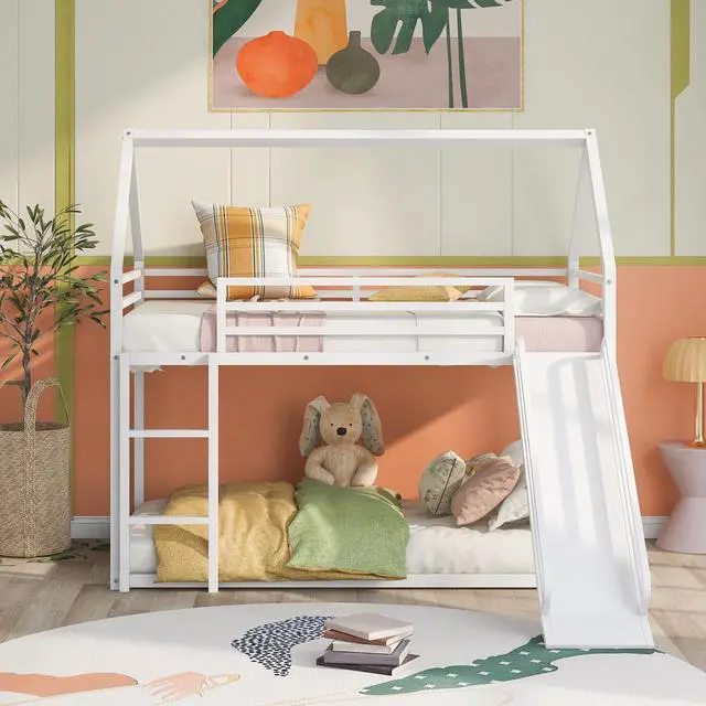 Alt view image 2 of 7 - Twin Over Twin House Bunk Bed With Ladder And Slide,White