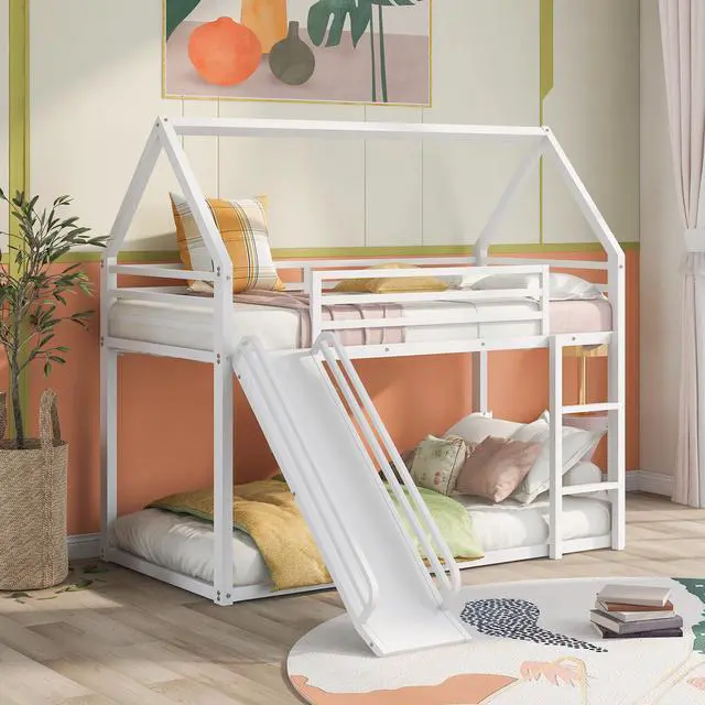 Alt view image 4 of 7 - Twin Over Twin House Bunk Bed With Ladder And Slide,White