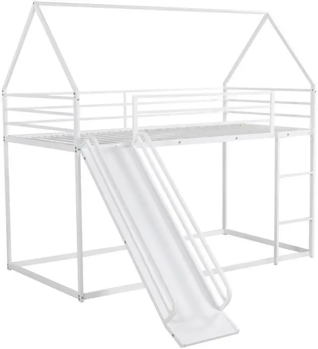 Main image of Twin Over Twin House Bunk Bed With Ladder And Slide,White