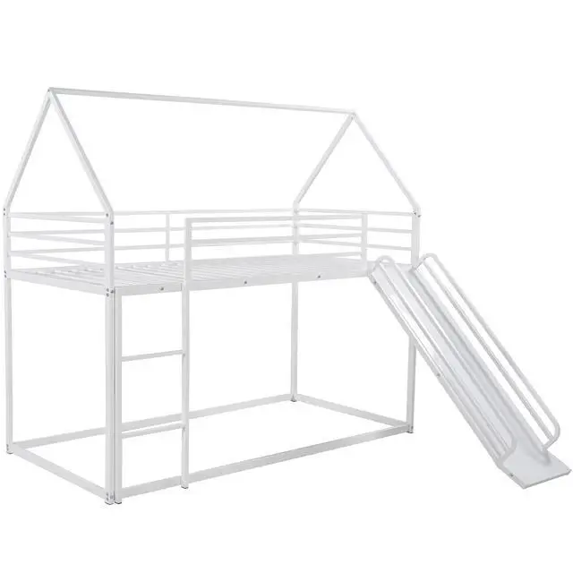 Alt view image 6 of 7 - Twin Over Twin House Bunk Bed With Ladder And Slide,White