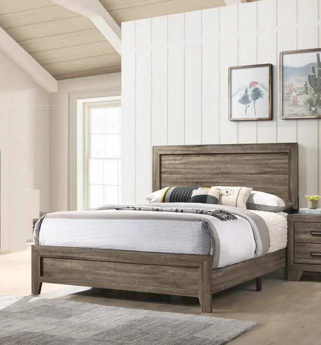Main image of Grey Finish Fabric 1Pc Queen Size Panel Bed Beautiful Wooden Bedroom Furniture Contemporary Style