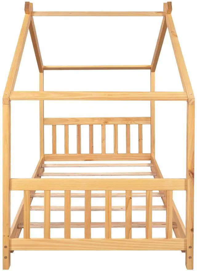 Main image of Twin Size House Platform Bed With Headboard And Footboard,Roof Design,Natural