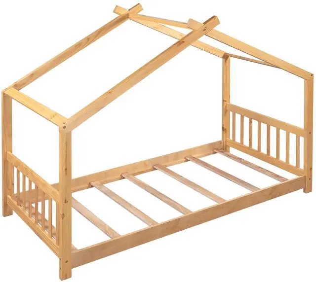 Alt view image 5 of 7 - Twin Size House Platform Bed With Headboard And Footboard,Roof Design,Natural