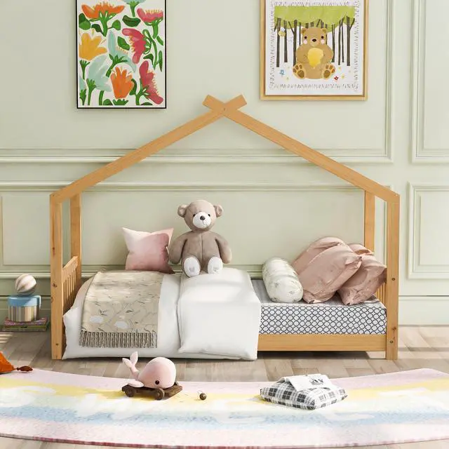 Alt view image 2 of 7 - Twin Size House Platform Bed With Headboard And Footboard,Roof Design,Natural