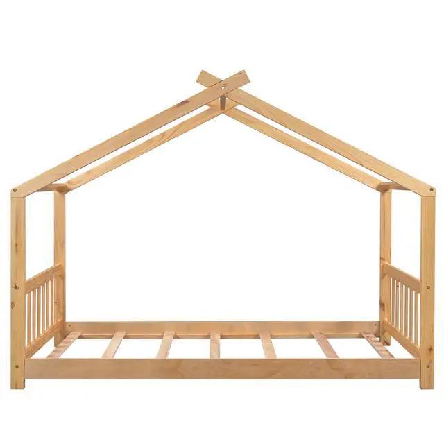 Alt view image 6 of 7 - Twin Size House Platform Bed With Headboard And Footboard,Roof Design,Natural