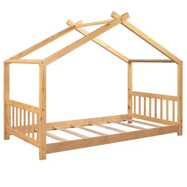 Alt view image 7 of 7 - Twin Size House Platform Bed With Headboard And Footboard,Roof Design,Natural