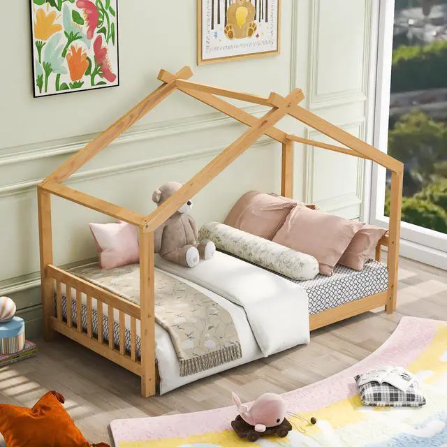 Alt view image 4 of 7 - Twin Size House Platform Bed With Headboard And Footboard,Roof Design,Natural