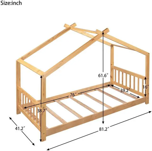 Alt view image 3 of 7 - Twin Size House Platform Bed With Headboard And Footboard,Roof Design,Natural